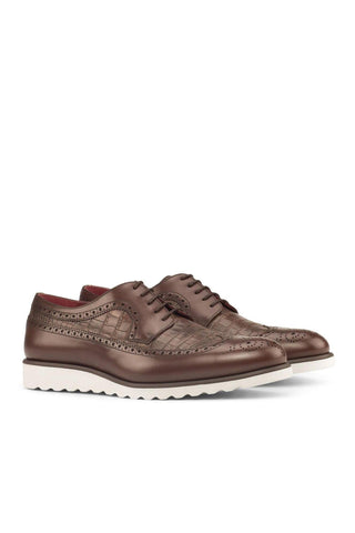 Ambrogio Handmade Custom Dark Brown Crocodile Print / Calf-Skin Leather Wingtip Oxfords (AMB1896)-AmbrogioShoes