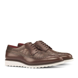 Ambrogio Handmade Custom Dark Brown Crocodile Print / Calf-Skin Leather Wingtip Oxfords (AMB1896)-AmbrogioShoes