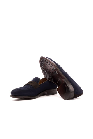 Ambrogio Handmade Custom Dark Brown & Navy Suede / Calf-Skin Leather Penny Loafers (AMB2115)-AmbrogioShoes