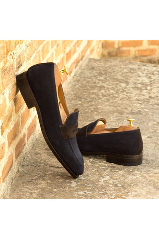 Ambrogio Handmade Custom Dark Brown & Navy Suede / Calf-Skin Leather Penny Loafers (AMB2115)-AmbrogioShoes