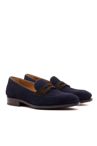 Ambrogio Handmade Custom Dark Brown & Navy Suede / Calf-Skin Leather Penny Loafers (AMB2115)-AmbrogioShoes