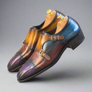 Ambrogio Handmade Custom Denim, Cognac, Purple & Burgundy Patina Leather Monk-Straps Loafers (AMB2227)-AmbrogioShoes