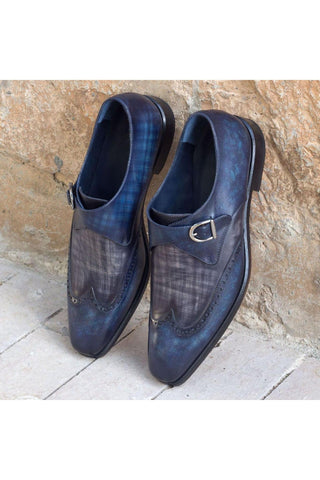 Ambrogio Handmade Custom Denim & Gray Patina Leather Monk Strap (AMB1913)-AmbrogioShoes