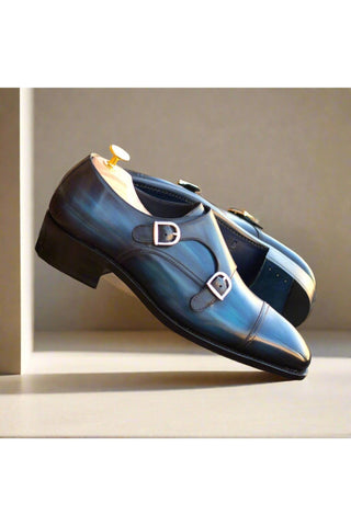 Ambrogio Handmade Custom Denim Patina Leather Monk-Straps Loafers (AMB1965)-AmbrogioShoes