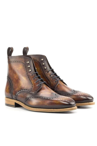 Ambrogio Handmade Custom Fire Patina Leather Military Brogue Boots (AMB2215)-AmbrogioShoes