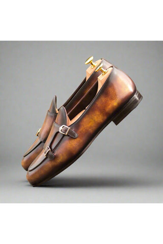Ambrogio Handmade Custom Fire Patina Leather Monk Slipper Loafers (AMB1969)-AmbrogioShoes