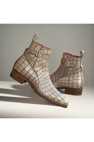 Ambrogio Handmade Custom Gray Crocodile Print Leather Jodhpur Boots (AMB2181)-AmbrogioShoes