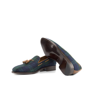 Ambrogio Handmade Custom Green, Blue & Brown Blackwatch Fabric / Box Calf-Skin Leather Tassel Loafers (AMB2197)-AmbrogioShoes