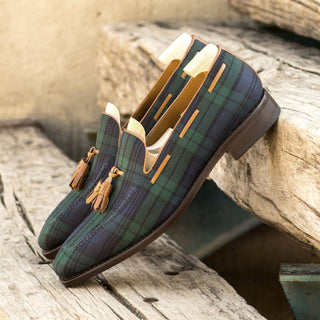 Ambrogio Handmade Custom Green, Blue & Brown Blackwatch Fabric / Box Calf-Skin Leather Tassel Loafers (AMB2197)-AmbrogioShoes