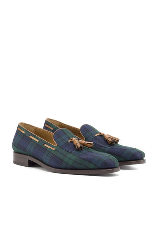 Ambrogio Handmade Custom Green, Blue & Brown Blackwatch Fabric / Box Calf-Skin Leather Tassel Loafers (AMB2197)-AmbrogioShoes