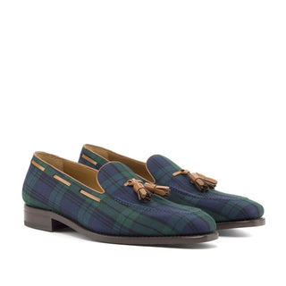Ambrogio Handmade Custom Green, Blue & Brown Blackwatch Fabric / Box Calf-Skin Leather Tassel Loafers (AMB2197)-AmbrogioShoes