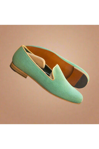 Ambrogio Handmade Custom Green Linen Fabric Wellington Loafers (AMB1972)-AmbrogioShoes