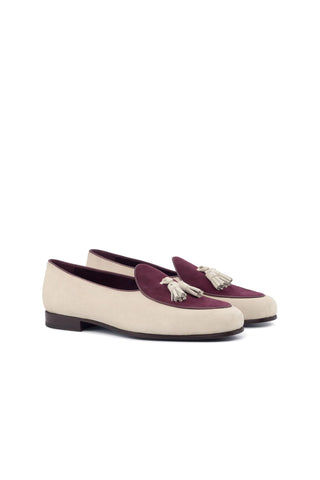 Ambrogio Handmade Custom Ivory & Burgundy Suede Tassels Loafers (AMB1974)-AmbrogioShoes