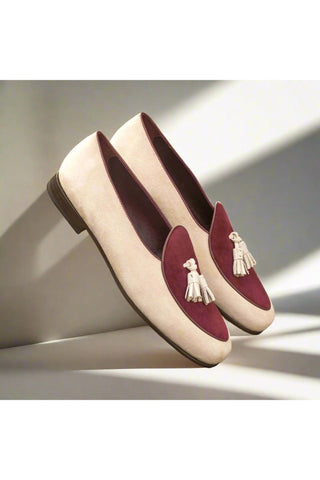 Ambrogio Handmade Custom Ivory & Burgundy Suede Tassels Loafers (AMB1974)-AmbrogioShoes