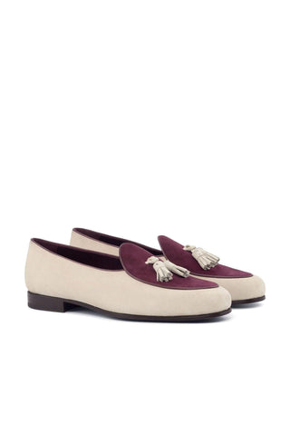 Ambrogio Handmade Custom Ivory & Burgundy Suede Tassels Loafers (AMB1974)-AmbrogioShoes
