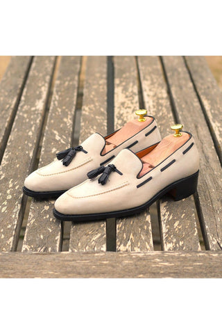 Ambrogio Handmade Custom Ivory Suede Tassels Loafers (AMB2155)-AmbrogioShoes