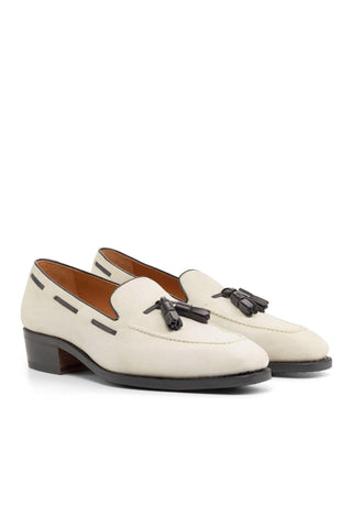 Ambrogio Handmade Custom Ivory Suede Tassels Loafers (AMB2155)-AmbrogioShoes