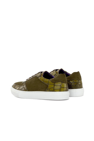 Ambrogio Handmade Custom Khaki & Olive Suede / Crocodile Embossed Leather Trainer Sneakers (AMB2231)-AmbrogioShoes