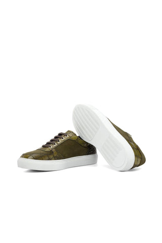 Ambrogio Handmade Custom Khaki & Olive Suede / Crocodile Embossed Leather Trainer Sneakers (AMB2231)-AmbrogioShoes