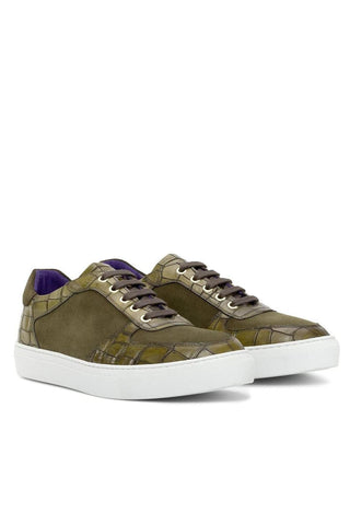 Ambrogio Handmade Custom Khaki & Olive Suede / Crocodile Embossed Leather Trainer Sneakers (AMB2231)-AmbrogioShoes