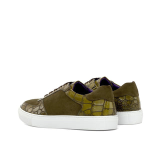 Ambrogio Handmade Custom Khaki & Olive Suede / Crocodile Print Leather Trainer Sneakers (AMB2231)-AmbrogioShoes