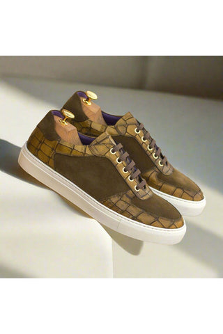 Ambrogio Handmade Custom Khaki & Olive Suede / Crocodile Print Leather Trainer Sneakers (AMB2231)-AmbrogioShoes