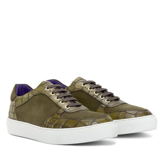 Ambrogio Handmade Custom Khaki & Olive Suede / Crocodile Print Leather Trainer Sneakers (AMB2231)-AmbrogioShoes