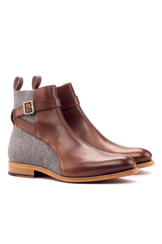 Ambrogio Handmade Custom Light Gray & Brown Flannel Fabric / Calf-Skin Leather Jodhpur Boots (AMB2108)-AmbrogioShoes