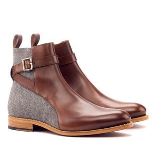 Ambrogio Handmade Custom Light Gray & Brown Flannel Fabric / Calf-Skin Leather Jodhpur Boots (AMB2108)-AmbrogioShoes