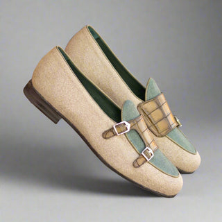 Ambrogio Handmade Custom Men's Shoes Beige, Olive & Khaki Linen Fabric / Crocodile Print Leather Loafers (AMB2192)-AmbrogioShoes