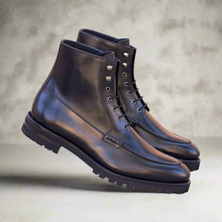 Ambrogio Handmade Custom Men's Shoes Black Box Calf-Skin Leather Moccasin Boots (AMB2167)-AmbrogioShoes