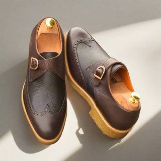 Ambrogio Handmade Custom Men's Shoes Black & Brown Pebble Grain Calf-Skin Leather Monk Strap (AMB1884)-AmbrogioShoes