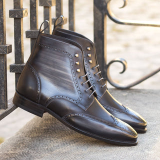 Ambrogio Handmade Custom Men's Shoes Black & Gray Patina Leather Military Brogue Boots (AMB2216)-AmbrogioShoes