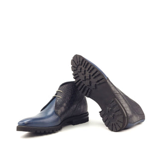 Ambrogio Handmade Custom Men's Shoes Black & Navy Crocodile Print / Calf-Skin Leather Chukka Boots (AMB1882)-AmbrogioShoes