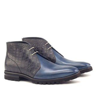 Ambrogio Handmade Custom Men's Shoes Black & Navy Crocodile Print / Calf-Skin Leather Chukka Boots (AMB1882)-AmbrogioShoes