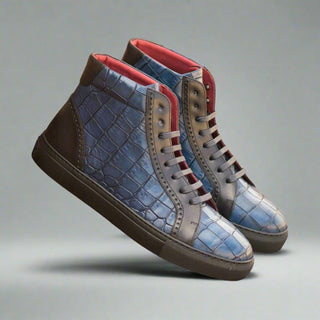 Ambrogio Handmade Custom Men's Shoes Black & Navy Crocodile Print / Calf-Skin Leather High-Top Sneakers (AMB1961)-AmbrogioShoes