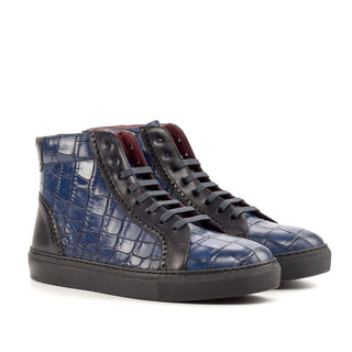 Ambrogio Handmade Custom Men's Shoes Black & Navy Crocodile Print / Calf-Skin Leather High-Top Sneakers (AMB1961)-AmbrogioShoes