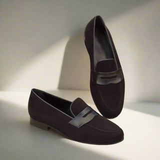 Ambrogio Handmade Custom Men's Shoes Black Suede Leather Wellington Penny Loafers (AMB1977)-AmbrogioShoes