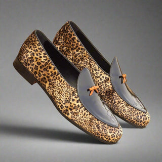 Ambrogio Bespoke Custom Men's Shoes Black & Yellow Leopard Sartorial / Patent Leather Belgian Loafers (AMB2232)-AmbrogioShoes