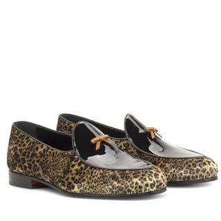 Ambrogio Bespoke Custom Men's Shoes Black & Yellow Leopard Sartorial / Patent Leather Belgian Loafers (AMB2232)-AmbrogioShoes