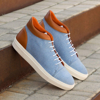 Ambrogio Handmade Custom Men's Shoes Blue & Cognac Linen / Calf-Skin Leather High-Top Sneakers (AMB2134)-AmbrogioShoes