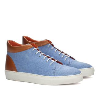 Ambrogio Handmade Custom Men's Shoes Blue & Cognac Linen / Calf-Skin Leather High-Top Sneakers (AMB2134)-AmbrogioShoes