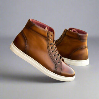 Ambrogio Handmade Custom Men's Shoes Brown & Burgundy Calf-Skin Leather High-Top Sneakers (AMB1861)-AmbrogioShoes