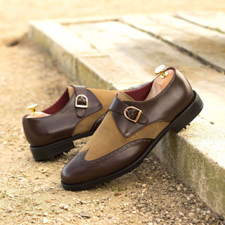 Ambrogio Handmade Custom Men's Shoes Brown & Camel Suede / Calf-Skin Leather Monk Strap (AMB1862)-AmbrogioShoes