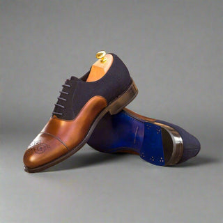 Ambrogio Handmade Custom Men's Shoes Brown & Navy Fabric / Calf-Skin Leather Oxfords (AMB1994)-AmbrogioShoes