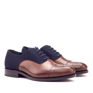 Ambrogio Handmade Custom Men's Shoes Brown & Navy Fabric / Calf-Skin Leather Oxfords (AMB1994)-AmbrogioShoes