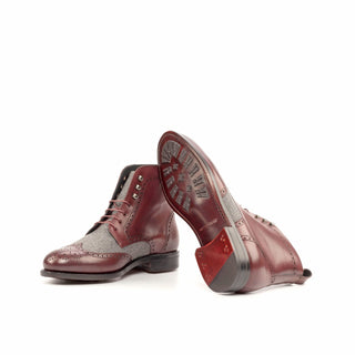 Ambrogio Handmade Custom Men's Shoes Burgundy & Gray Flannel / Calf-Skin Leather Military Boots (AMB2183)-AmbrogioShoes