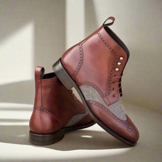 Ambrogio Handmade Custom Men's Shoes Burgundy & Gray Flannel / Calf-Skin Leather Military Boots (AMB2183)-AmbrogioShoes