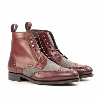 Ambrogio Handmade Custom Men's Shoes Burgundy & Gray Flannel / Calf-Skin Leather Military Boots (AMB2183)-AmbrogioShoes