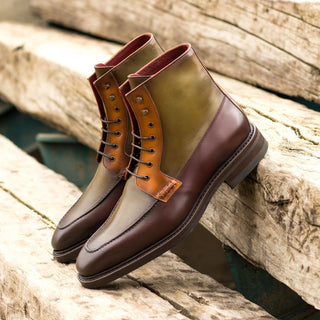 Ambrogio Handmade Custom Men's Shoes Cognac, Burgundy & Olive Calf-Skin Leather Moccasin Boots (AMB1950)-AmbrogioShoes